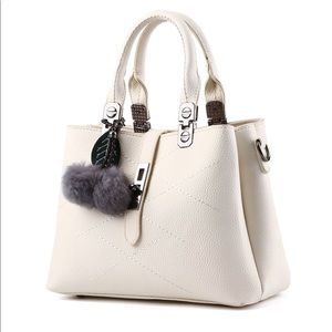 Women’s White Handbag / Purse with Grey Pom Pom